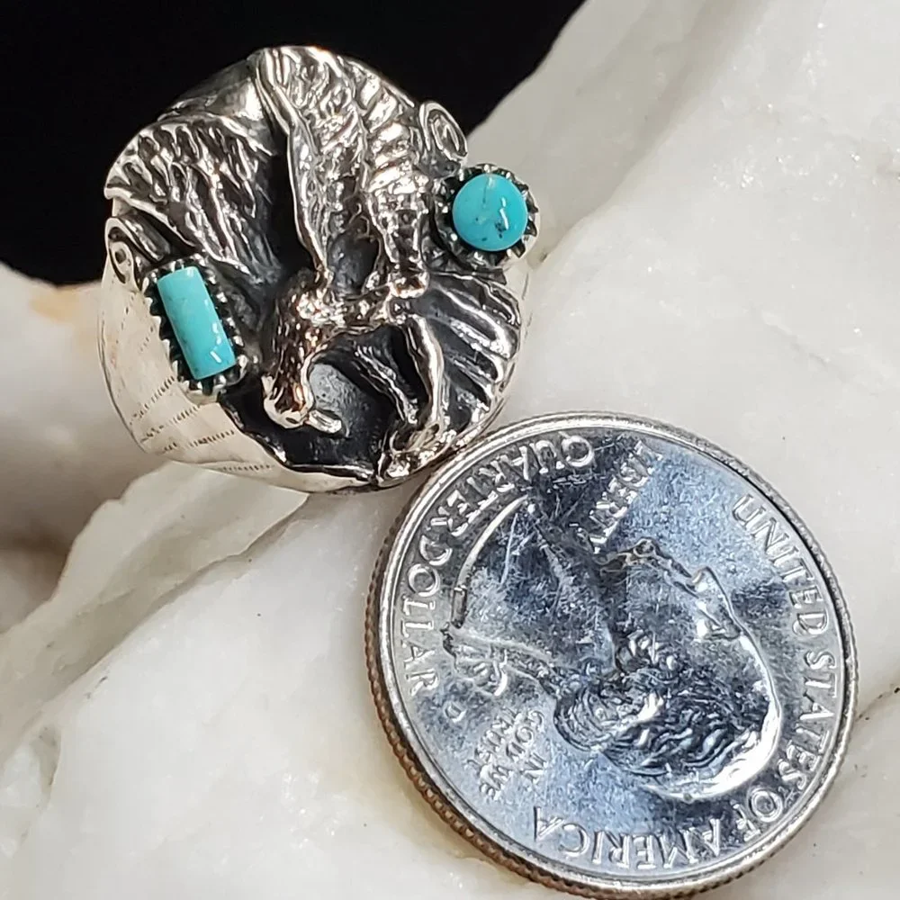Men's Designer Jewelry Solid Sterling Silver 925 Ring Genuine Turquoise